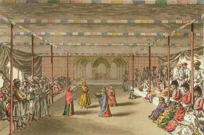 1813年4月5日の「A Mahratta Camp」からのJanumushtoomee（カラー彫刻） 作： John Augustus Atkinson